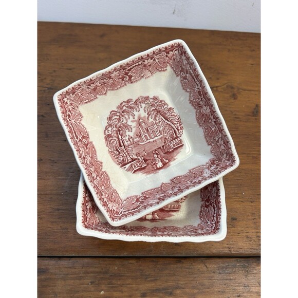 Set Of 2 Mason's Vista Red Pink Ironstone 4” Square Bowls Made in England READ - Picture 2 of 11